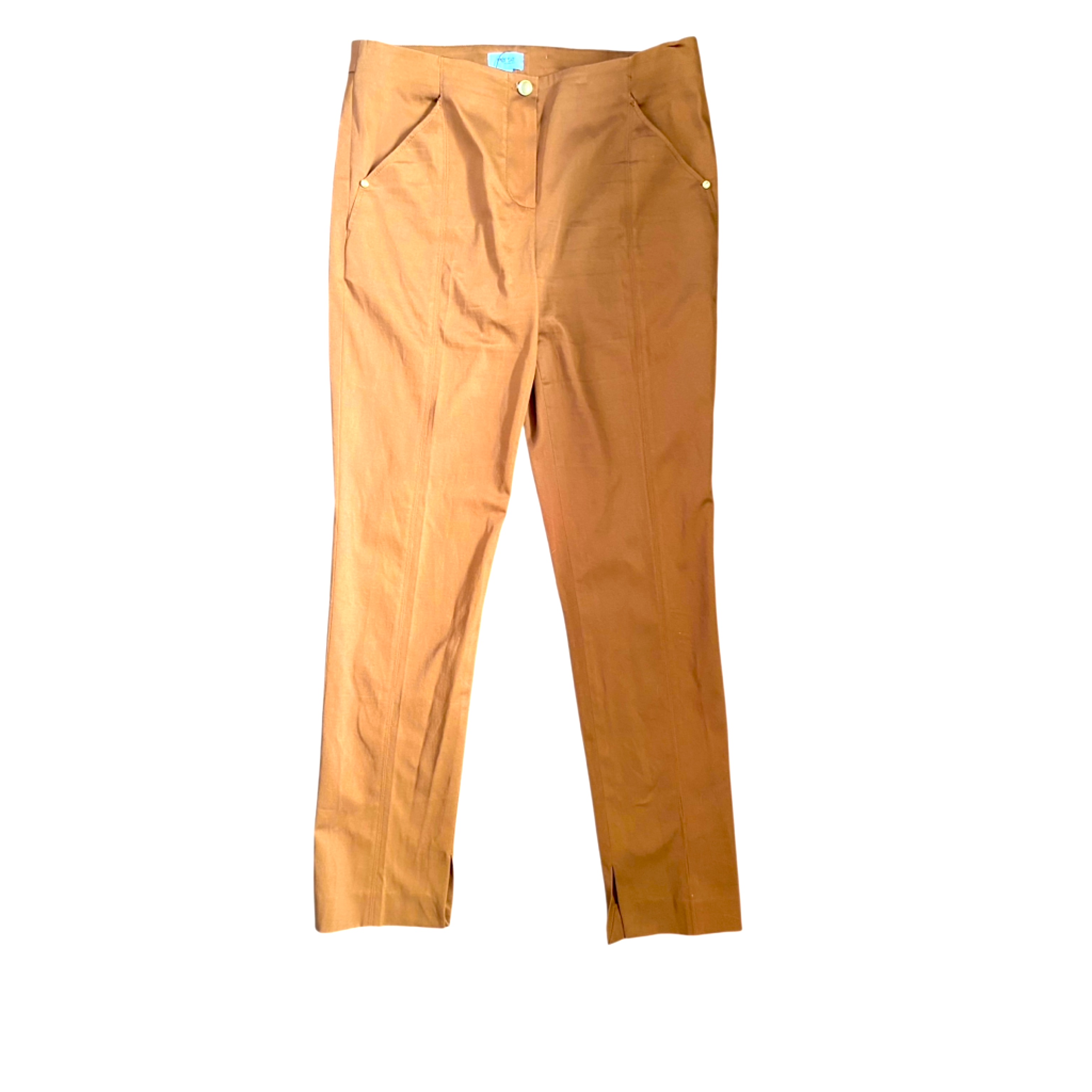 Per Se By Carlisle Womens Cotton Flat Front Pants Carmel Brown W/Gold Size 10